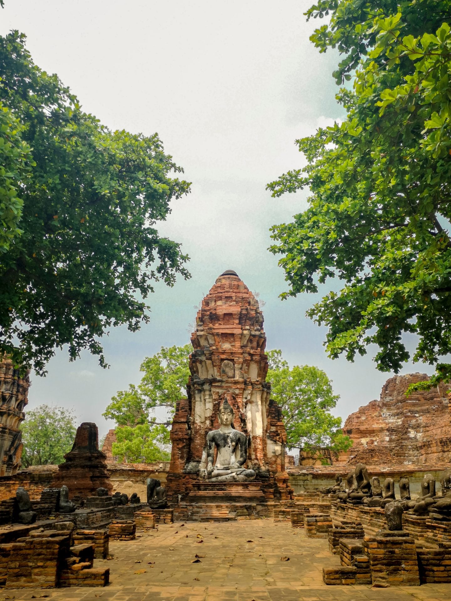 Widok na tajską świątynię i pagody w Ayutthaya, duży pomnik Buddy w pozycji siedzącej wśród zielonych drzew w Parku Historycznym Ayutthaya