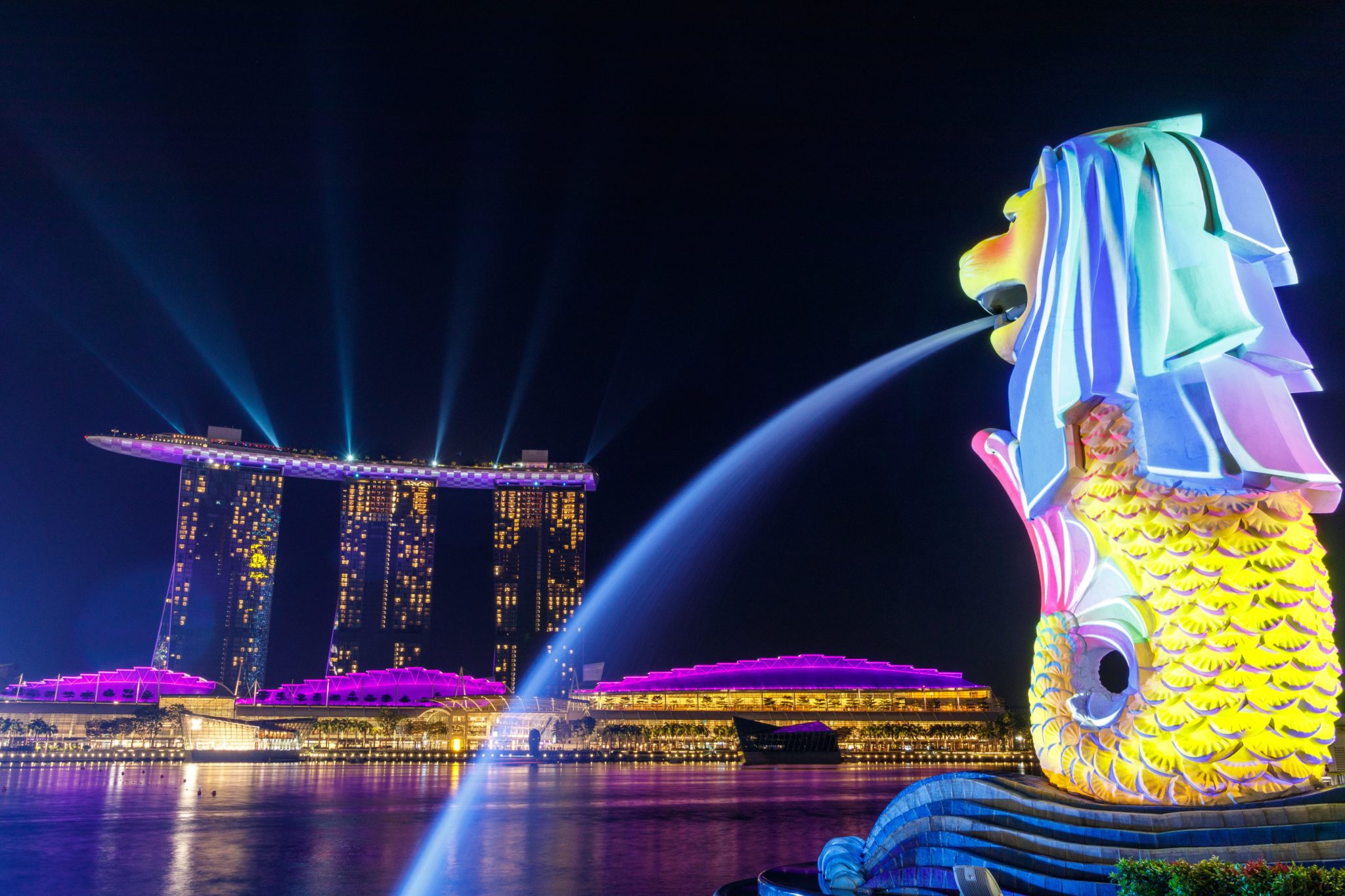 Fontanna lwa Merlion Park w Singapurze skierowana w stronę zatoki podświetlona kolorowymi światłami